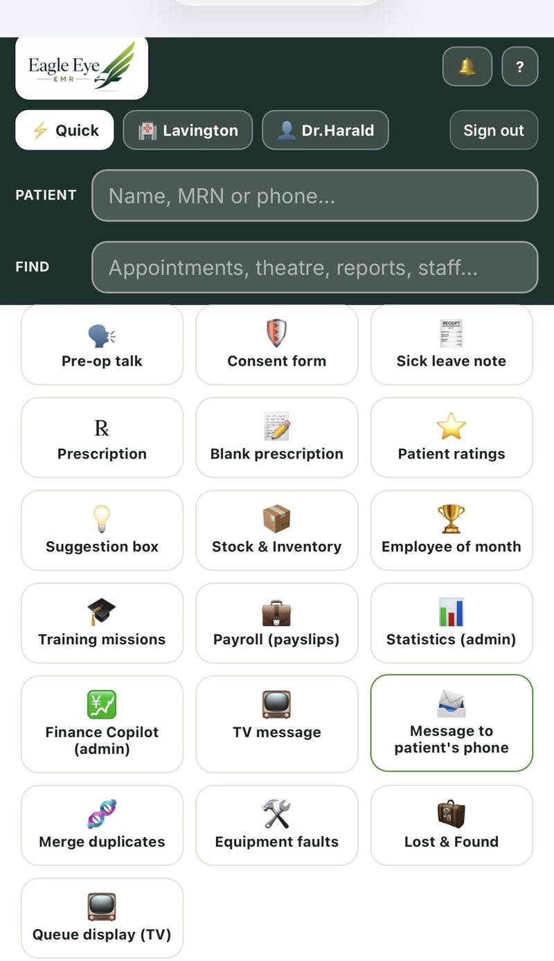 Eagle Eye EMR – quick actions grid