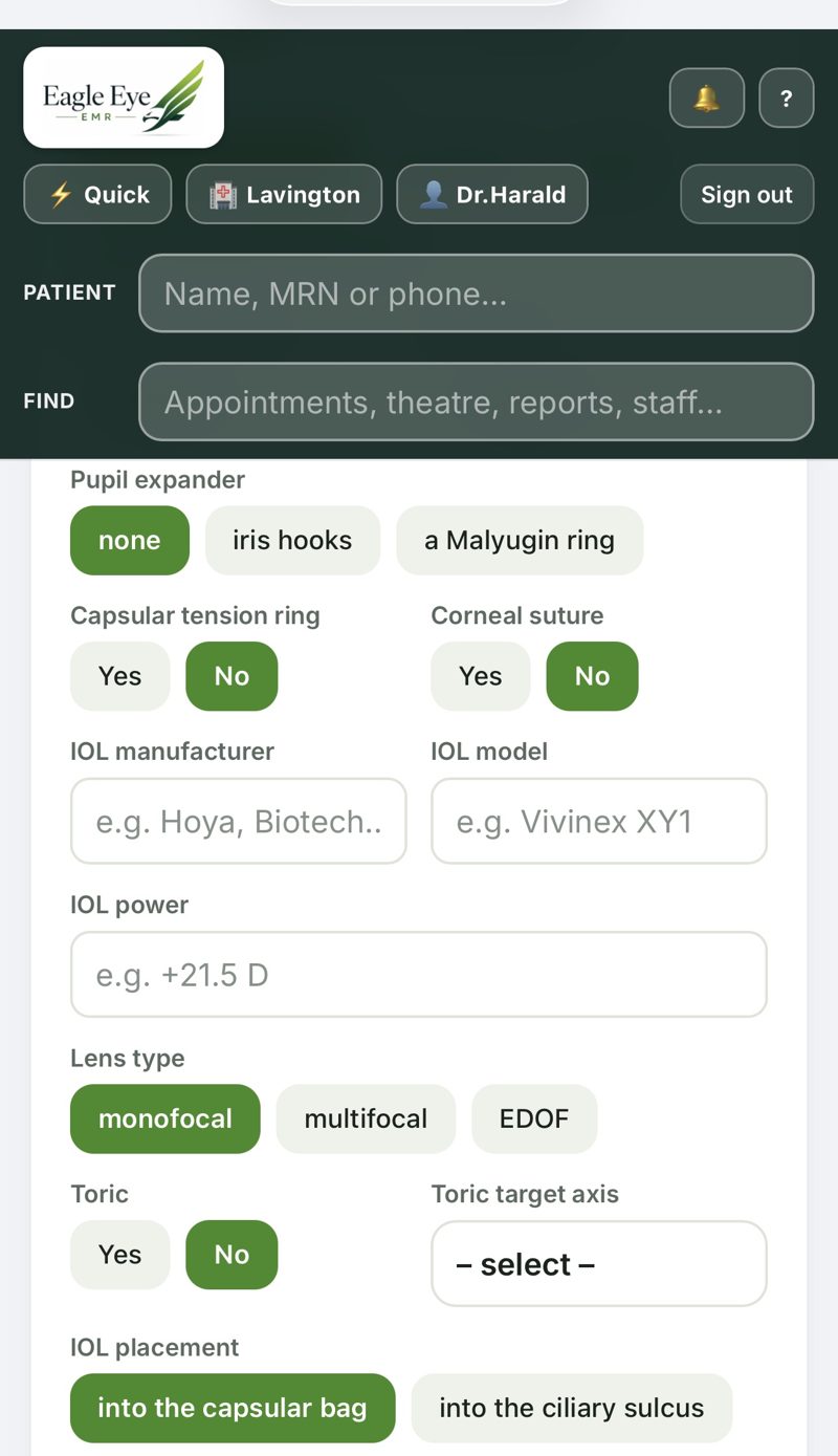 Eagle Eye EMR – IOL documentation